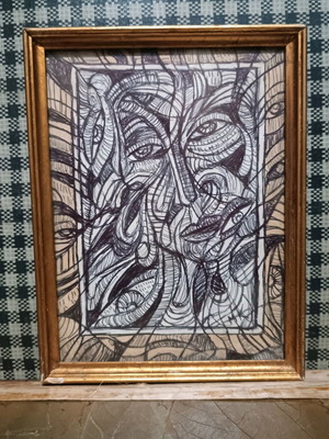 Handmade painting used with old frame and glass