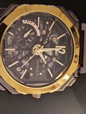 Zhpeer Quartz Watch New, Black and Gold Skeleton Dial