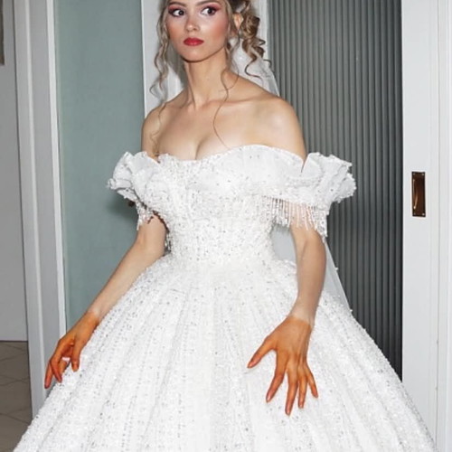 Handmade haute couture wedding dress, off-shoulder, white