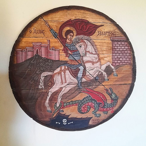 Handmade Saint George Icon Egg Tempera on Old Barrel Lid 48cm like new