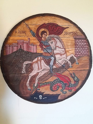 Handmade Saint George Icon Egg Tempera on Old Barrel Lid 48cm like new