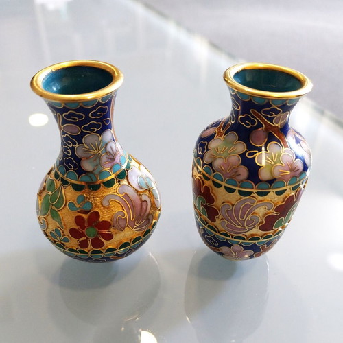 Cloisonné Miniature Vases Pair like new, enamel and bronze