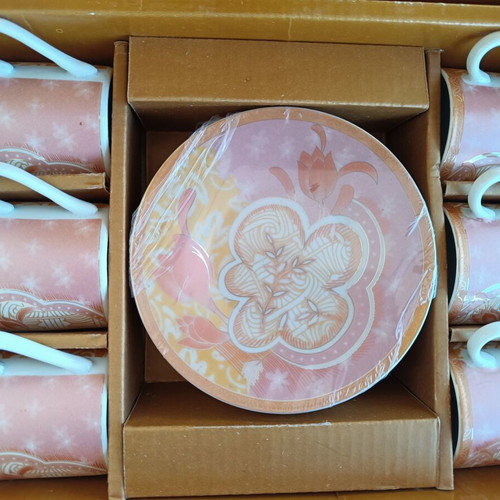 Porcelain cup set new with 6 saucers in pink and orange shades