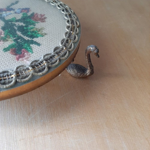 Decorative plate with embroidery and swan feet used, 1950s vintage
