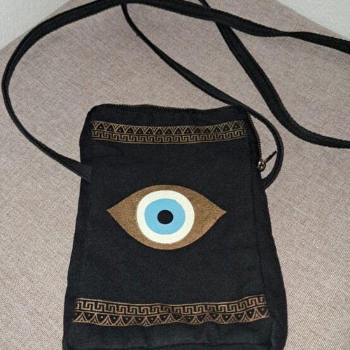 Aegeanart fabric crossbody bag with Greek eye design, black