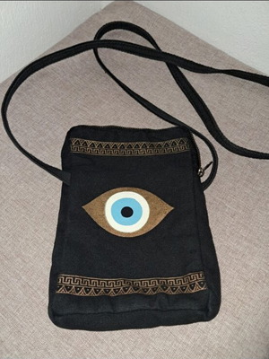 Aegeanart fabric crossbody bag with Greek eye design, black