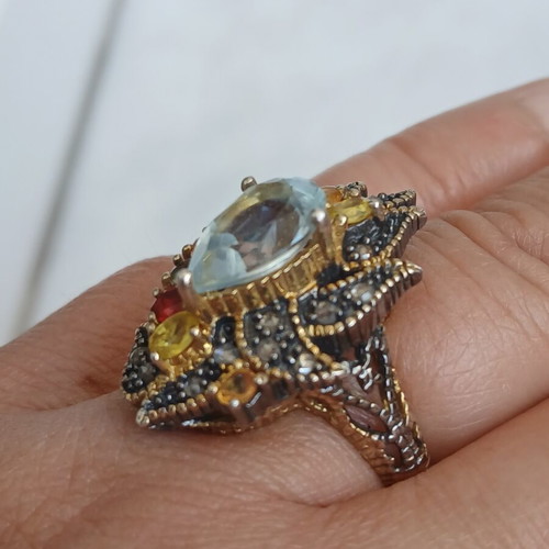 Ring with semiprecious stones, 9K gold, 925 silver and old cut diamonds, 17 mm