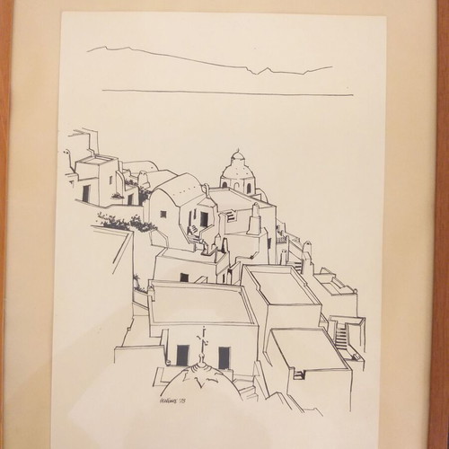 Triptych of black and white architectural prints used, Aegean settlement 1973