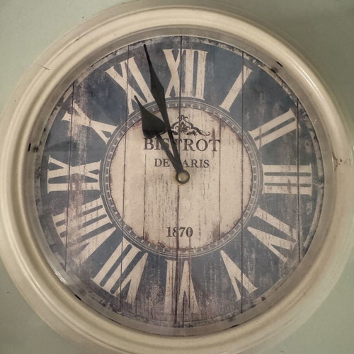 Wall clock vintage with beige frame and blue background, like new