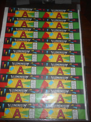 Aluminium promotional labels used on typographic sheet 23.5x32cm