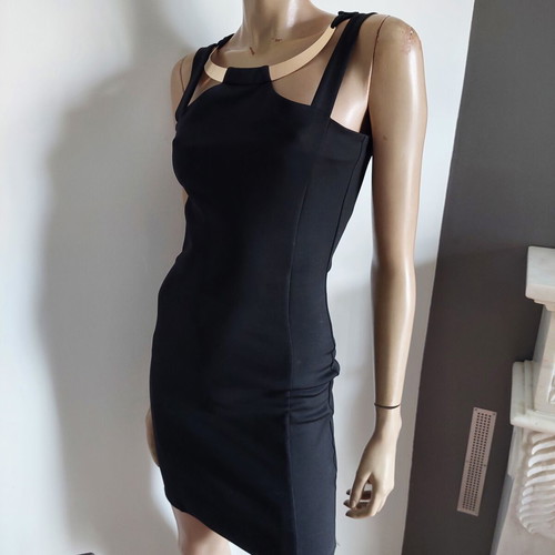 Jane Norman black mini dress with gold metal neckline small, like new