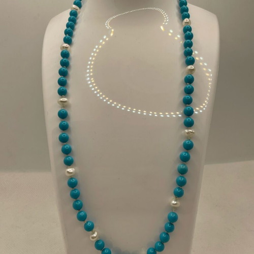 Necklace with turquoise and baroque pearls like new, 50cm diameter