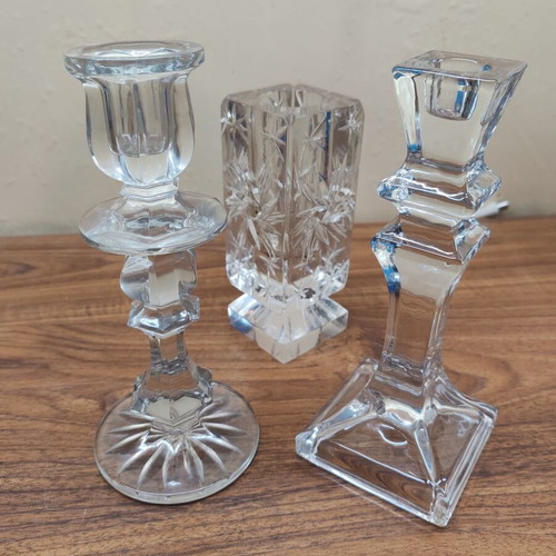 Set of 2 Bohemian vintage crystal candlesticks like new with small ashtray