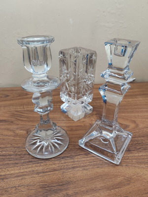 Set of 2 Bohemian vintage crystal candlesticks like new with small ashtray