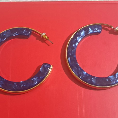 Blue and gold crescent moon earrings with iridescent stone