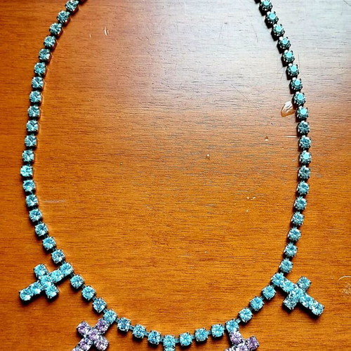 Tennis Necklace with Pink and White Rhinestone Crosses like new