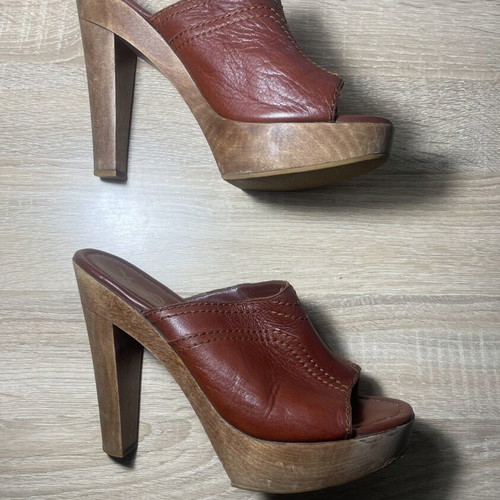 Yves Saint Laurent brown leather wooden platform mules used