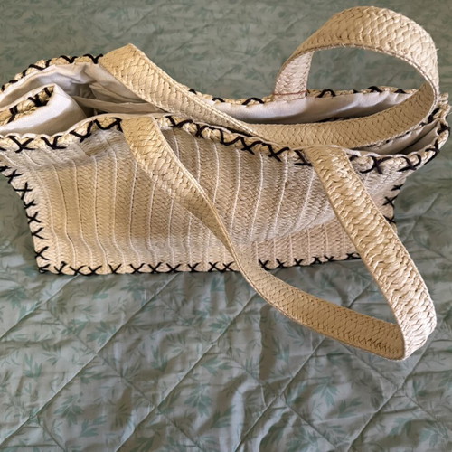 Axel straw shoulder bag, beige with black details
