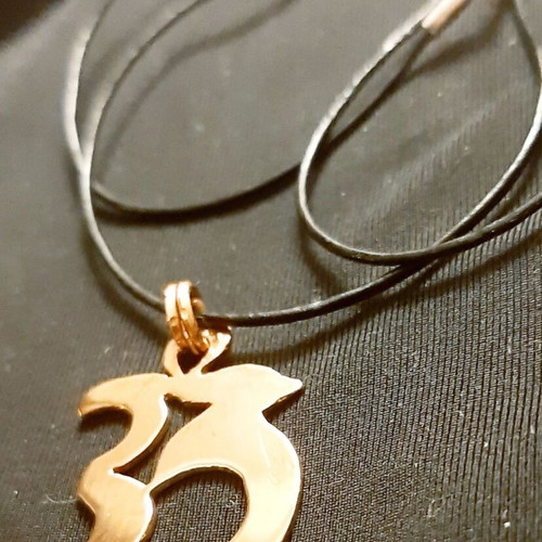 Ohm pendant necklace, pure copper with genuine leather and 925 silver