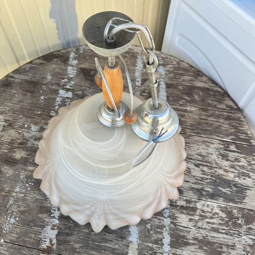 Vintage glass ceiling pendant light with wooden details