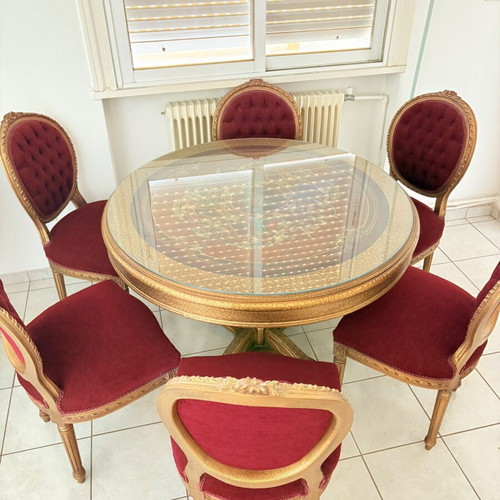 Vintage dining set round table with 6 velvet chairs Louis style like new