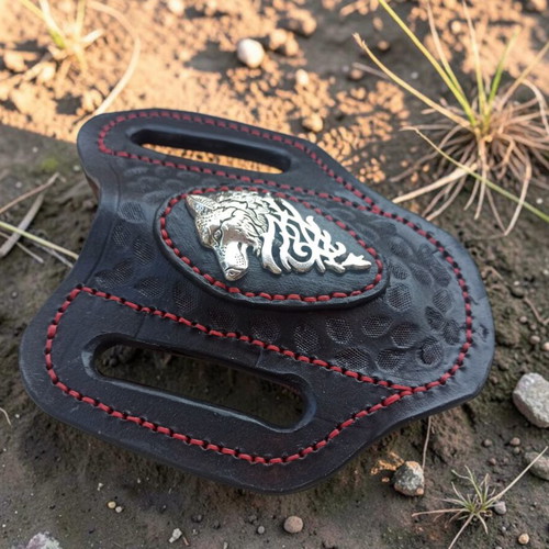 Handmade leather belt sheath for pocket knife with wolf head decoration