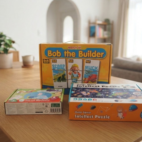 Children's puzzle set used, 3 pieces including Bob the Builder