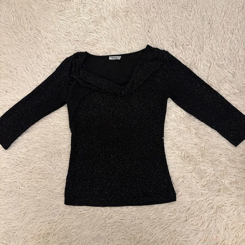 Blouse with lace and gold rhinestone details used, black