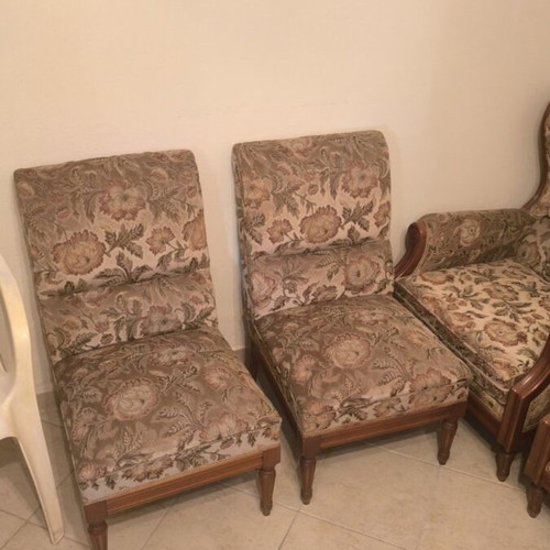 Velvet sofa set with 4 armchairs and 3 tables, carved beech wood