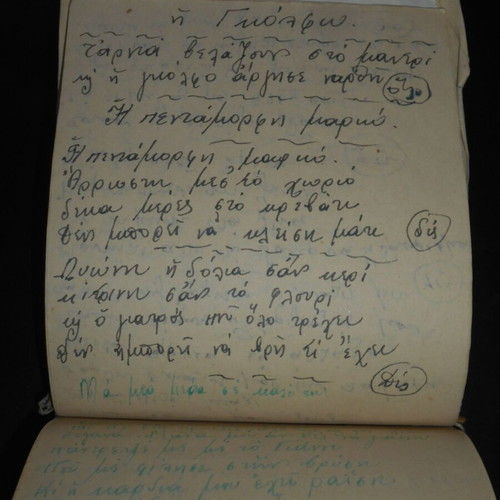 Handwritten notebook with rebetiko lyrics and diet recipes used