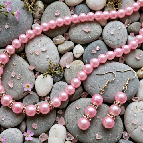 Handmade pink beaded necklace and earrings set new