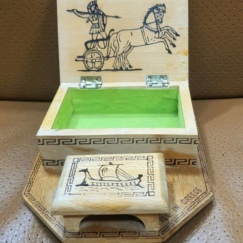 Wooden cigarette and matchbox case used, Achilles and ship design