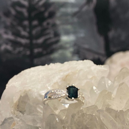 Handmade silver ring with natural indicolite tourmaline and moissanite