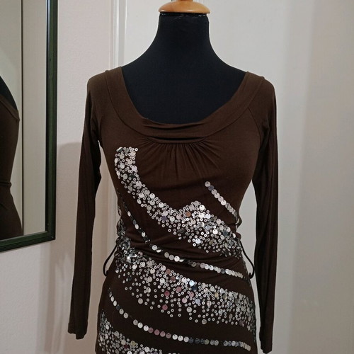 Y2K long-sleeve vintage top with brown and silver sequins, like new, size Small