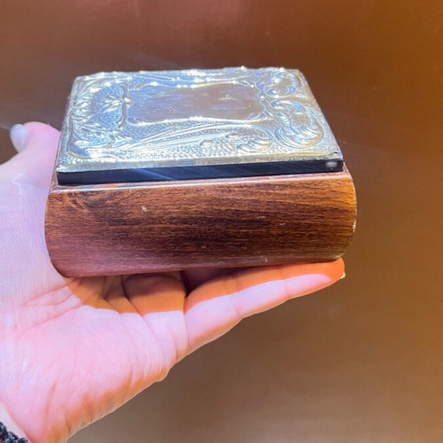 Vintage wooden jewelry box with silver-plated lid used