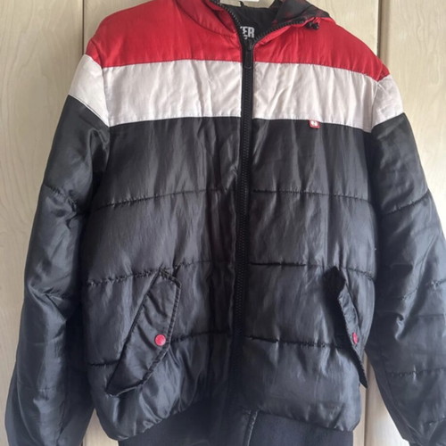 Windbreaker jacket used, black with red and white stripes, hooded