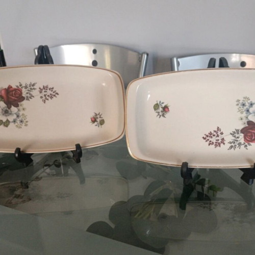 Set of painted plates with roses like new, gold-trimmed edges