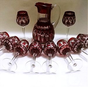 Σετ κρασιού : κανάτα και 10 κολονάτα ποτήρια ruby red West Germany 60'-70'.