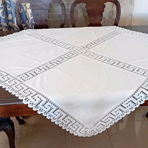 Large tablecloth with handmade cross lace, cotton, like new, white