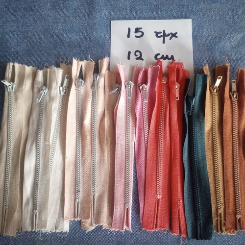 Set of 15 Metal Zippers, 12 cm, Various Colors, Vintage Stock