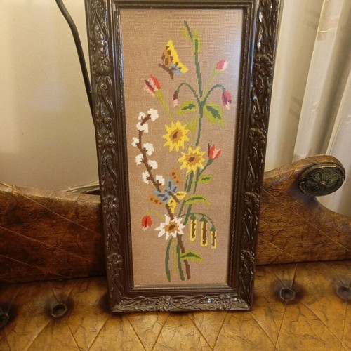 Handmade vintage gobelin embroidered textile painting with wildflowers 54×25.5 like new