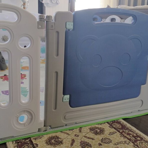 Baby Playpen Large Expandable with Double-Sided Mat, Blue/White