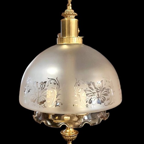 Vintage 1970 3-light ceiling lamps like new with frosted glass and brass details