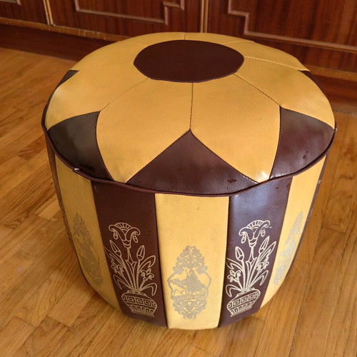 Vintage leather pouf like new with gold designs