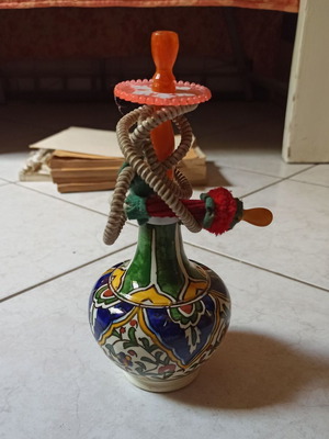 Small decorative clay hookah used, colorful souvenir from Turkey