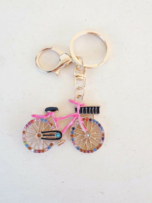 Pink Bicycle Bag Charm Keychain In Gold With Multicolor Sparkling Strass Like New