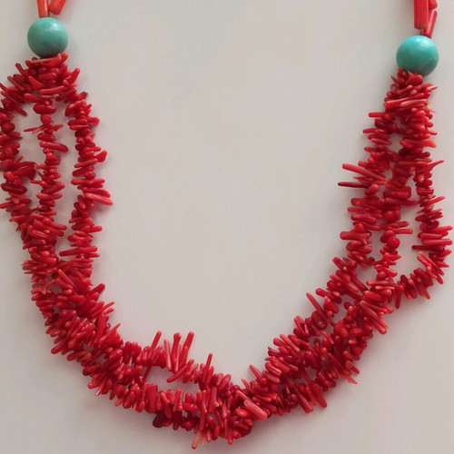Handmade necklace with natural coral and turquoise stones new