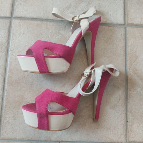 Vera Blum Stiletto Peep Toe Sandals used, fuchsia and cream, size 39
