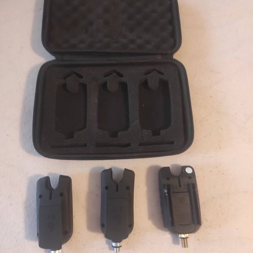 Fishing bite alarms used, set of 3 with carrying case