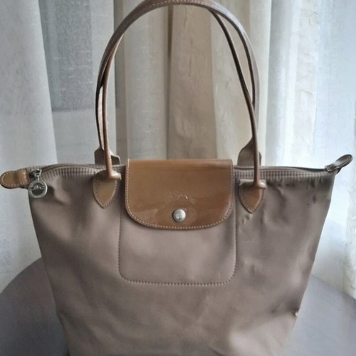 Longchamp Le Pliage Planètes shoulder bag used, beige, medium size with patent details